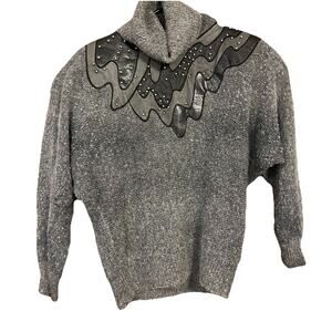 VTG ReDiffusion Turtleneck Sweater Size M Gray Geometric Faux Leather Accents
